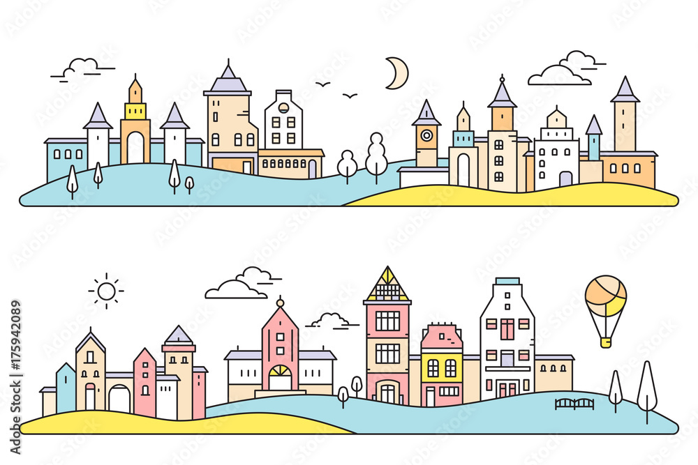 Vector colorful illustration of two detailed city landscape on white background with field. Set of urban european city with tree, cloud, air balloon.