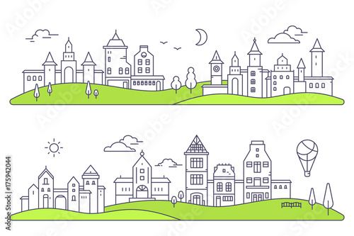 Vector illustration of two detailed city landscape on white background with green field. Set of urban european city with tree, cloud, air balloon.