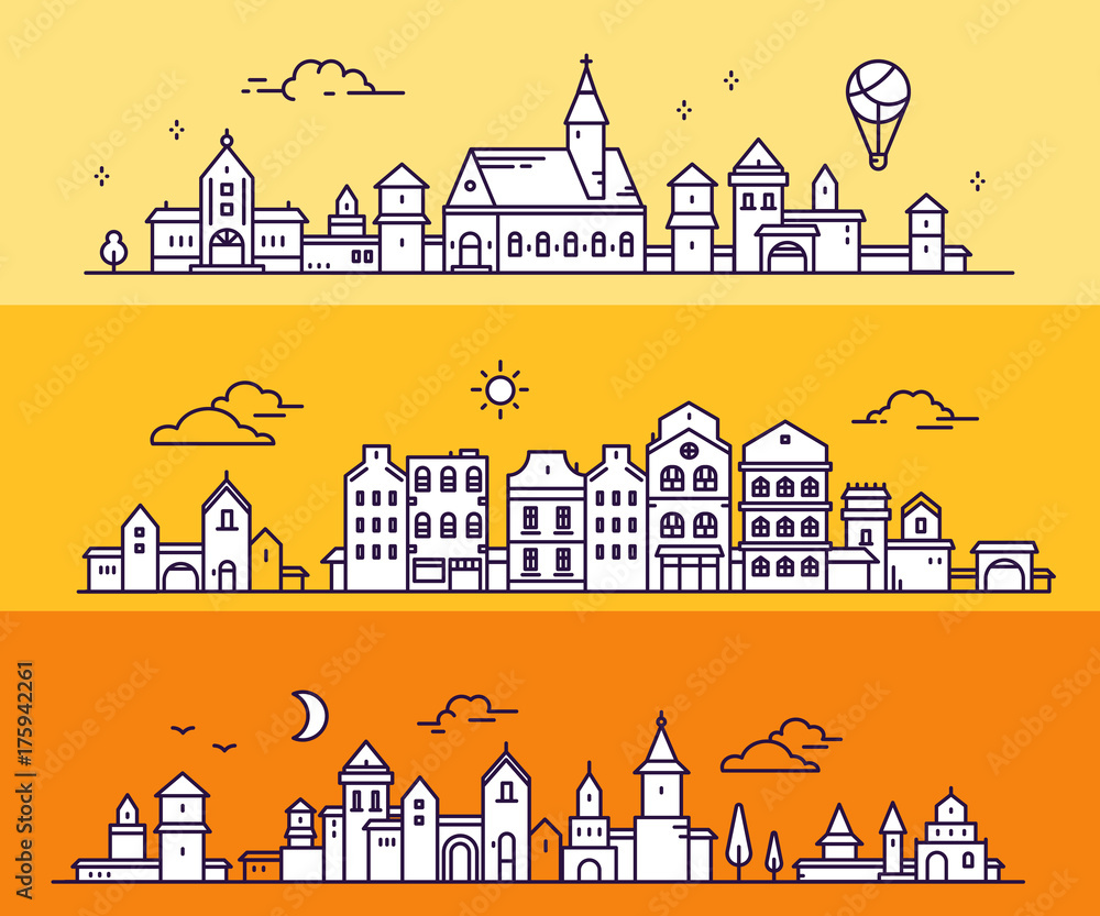 Vector illustration of three different summer city landscape on orange color background. Urban european white detailed city with tree, cloud, air balloon.