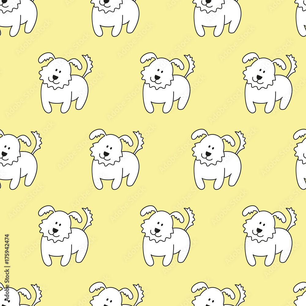 Obraz premium Seamless pattern with cartoon dogs on the yellow background.