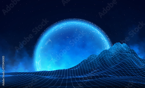 Vector retro futuristic background. Digital retro landscape in1980s style. Retro Sci-Fi Background