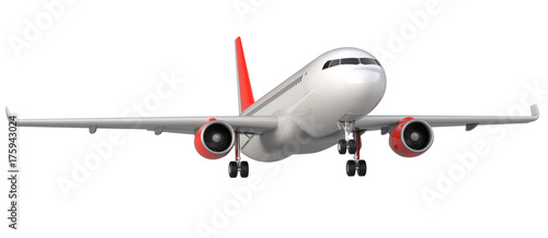 High detailed white airliner with a red tail wing, 3d render on a white background. Airplane Take Off, isolated 3d illustration. Airline Concept Travel Passenger plane. Jet commercial airplane photo