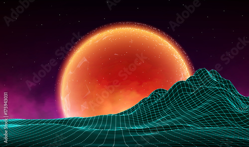 Vector retro futuristic background. Digital retro landscape in1980s style. Retro Sci-Fi Background