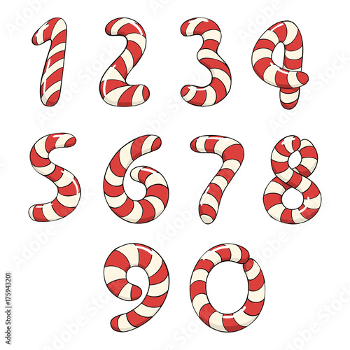 Hand drawn vector doodle candy cane numbers isolated on white background