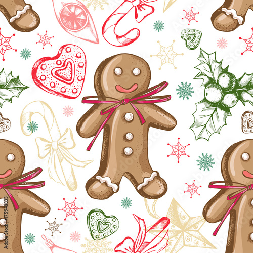 Seamless decorative pattern with Christmas and New Year's attributes. Hand drawn elements. Good for design wrapping paper.