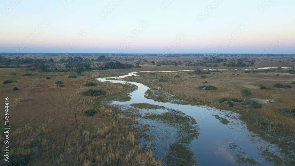 Aerial view of flat shallow river in the Okavango delta at the crack of dawn Aerial view of flat shallow river in the Okavango delta at the crack of dawn