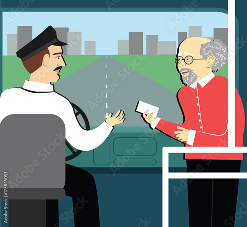 pension benefits. retired man in the bus reaches a ticket to driver