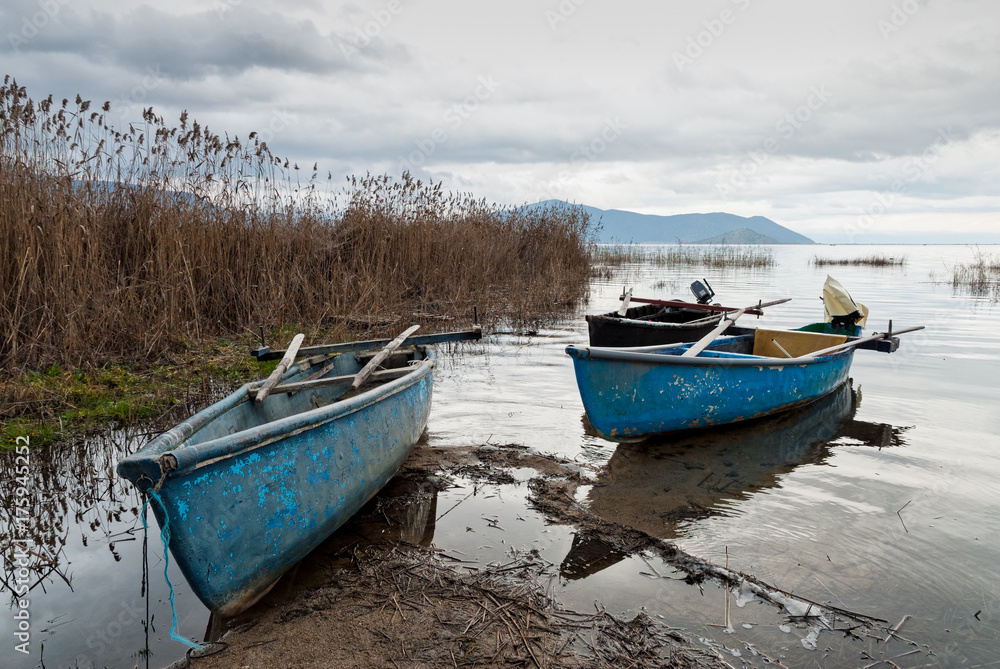 Traditional wooden boats at the Prespes lakes, Greece