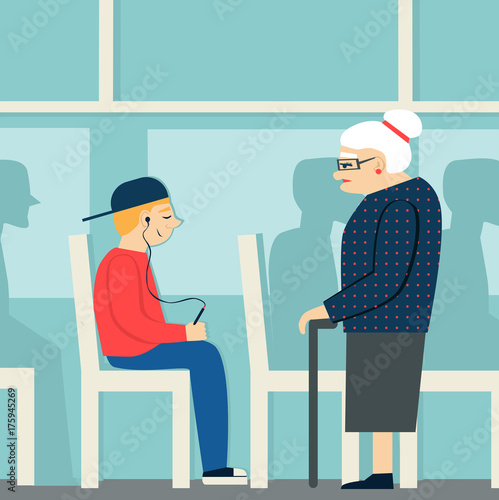 good manners.retired woman in the bus.to give way to an elderly person.tired woman and young boy with player