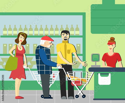 good manners.retired man in the supermarket.to give way to an elderly person.supermarket cashier.the queue at the store