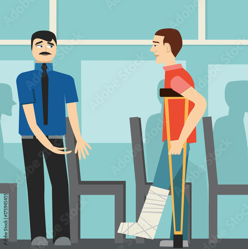 good manners. the man on the bus gives way to disabled.etiquette.man on crutches.broken leg