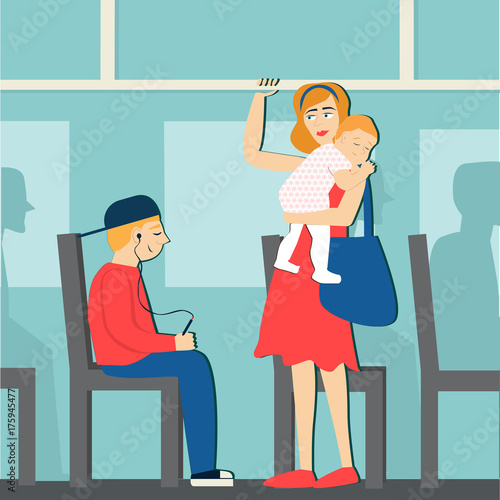good manners. the boy on the bus gives way to woman with baby.etiquette.