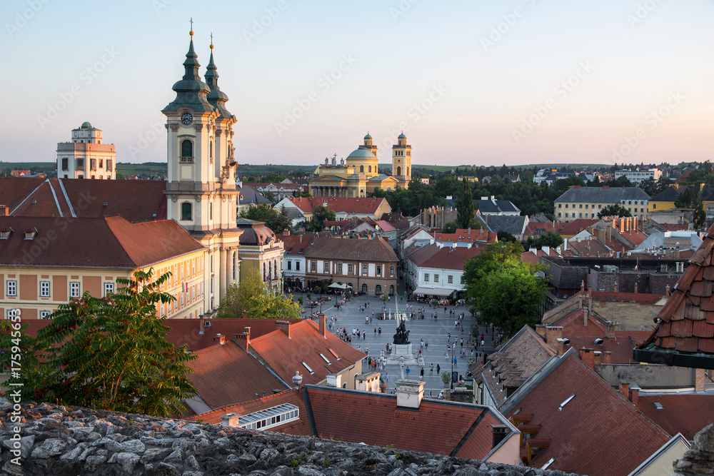 Obraz premium View of Eger from the castle at sunset, Hungary