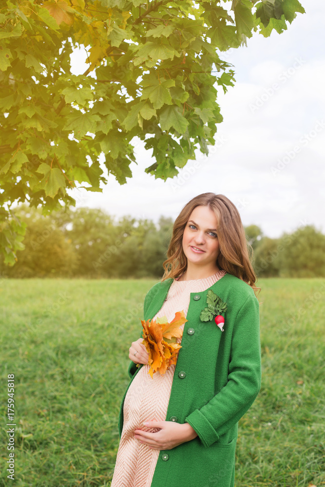 Pregnant woman walking in park sunny summer outdoor mother touching tummy autumn leaves Pregnant woman walking in park sunny summer outdoor mother touching tummy autumn leaves