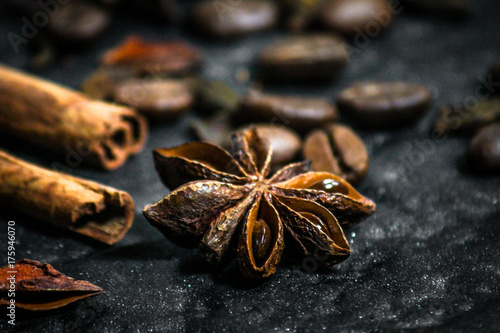 anise stars, cinnamon and coffee beans - a mixture of spices