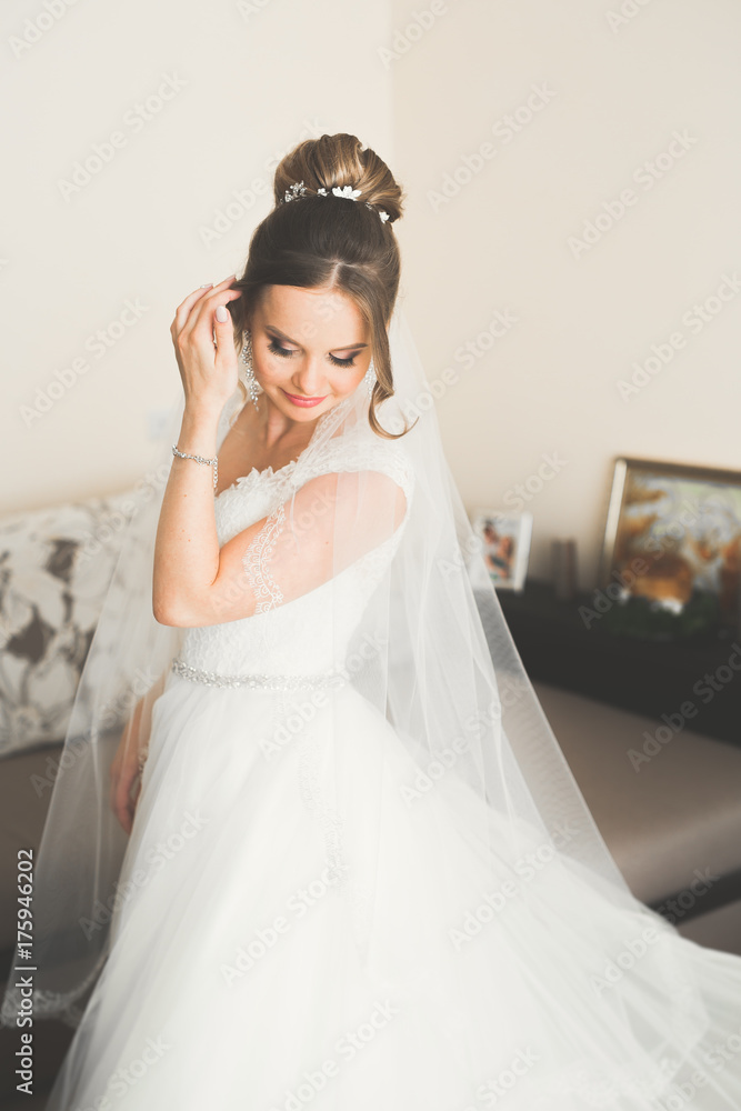 Portrait of beautiful bride with fashion veil at wedding morning Portrait of beautiful bride with fashion veil at wedding morning