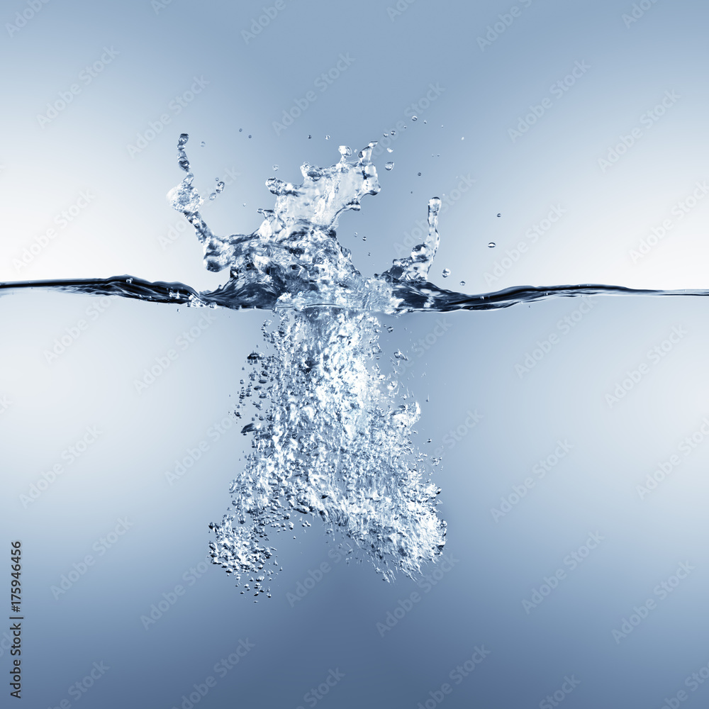 Dramatic blue water splash, water drops and air bubbles isolated on white Dramatic blue water splash, water drops and air bubbles isolated on white