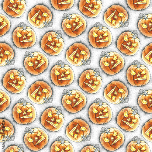 Watercolor illustration of seamless pattern with Halloween pumpkin. Isolated objects.