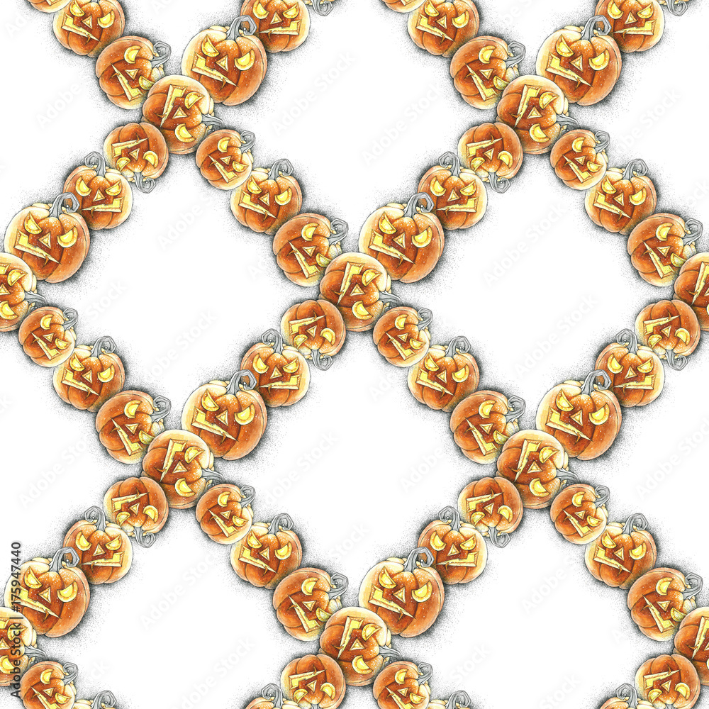 Fototapeta premium Watercolor illustration of seamless pattern with Halloween pumpkin.