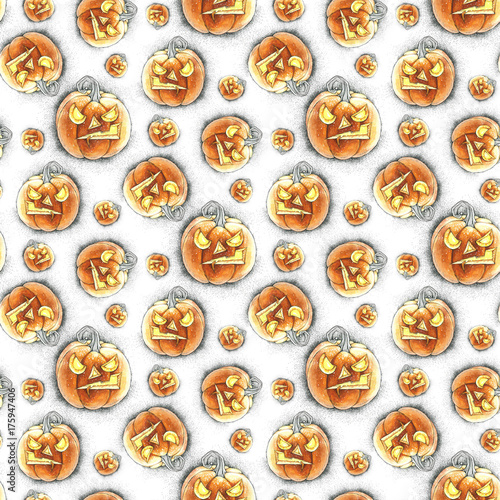 Watercolor illustration of seamless pattern with Halloween pumpkin. Isolated objects.