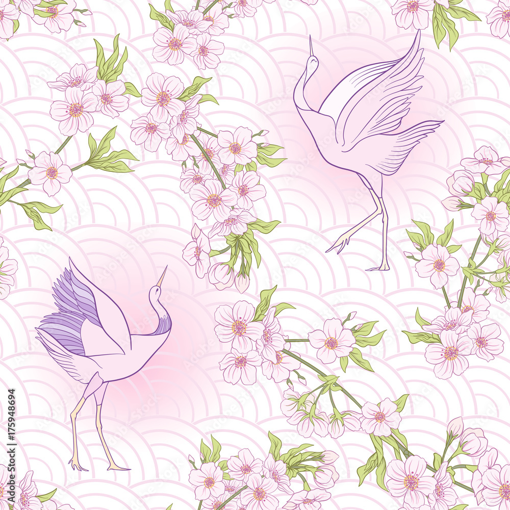 Seamless pattern with Japanese blossom sakura and crane, bird. V