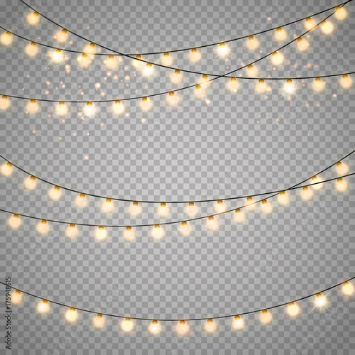 Christmas lights isolated on transparent background. Vector xmas glowing garland.