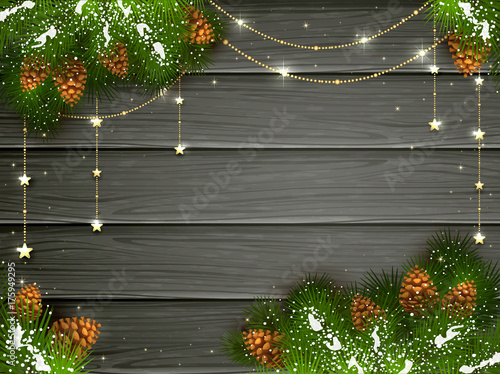 Golden Christmas decorations on black wooden background