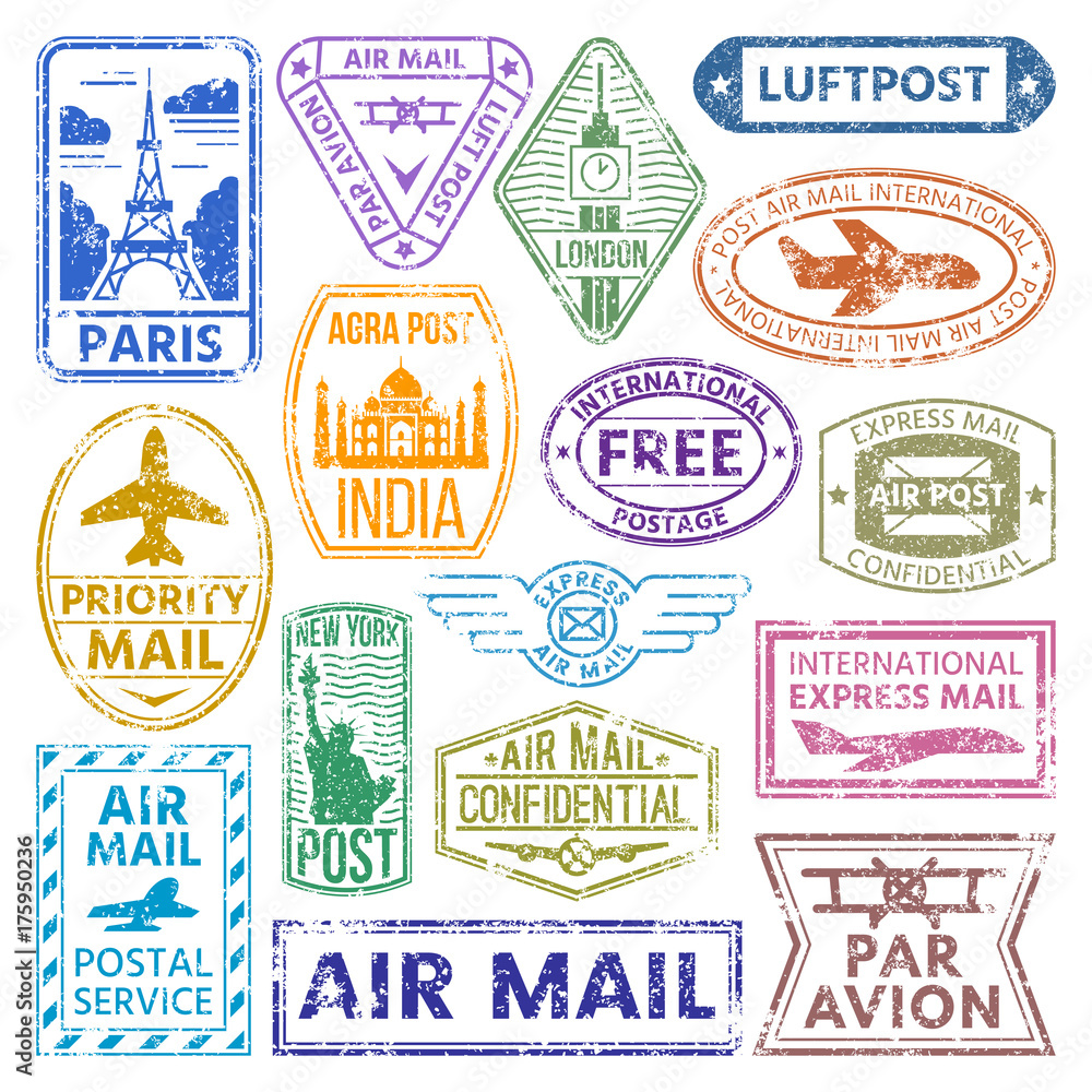 different countries air plane post stamp delivery mail postmark illustration.