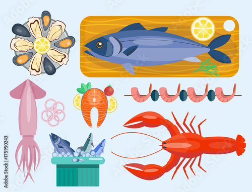 Fresh seafood flat vector illustration fish gourmet delicious restaurant cooking gourmet sea food meal.