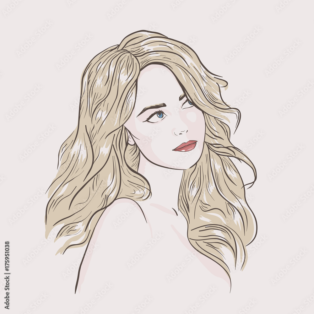 Young pretty woman portrait. Drawn elegant dreaming girl. Romantic lady Young pretty woman portrait. Drawn elegant dreaming girl. Romantic lady