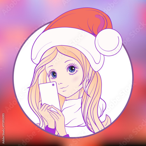 Young nice girl with long hear in Santa Claus hat and scarf make