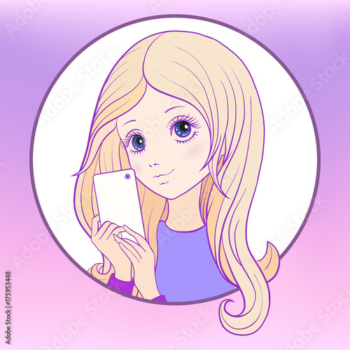 Young nice girl with long hear make selfie or photograph on a mo