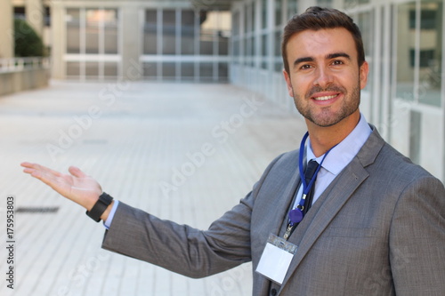 Foto Man with a welcoming gesture isolated