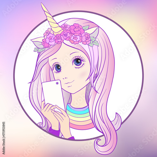 Young nice girl with long multi colored pink hear and unicorn ho