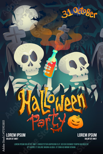 Halloween party poster with skeleton on dark cemetery back