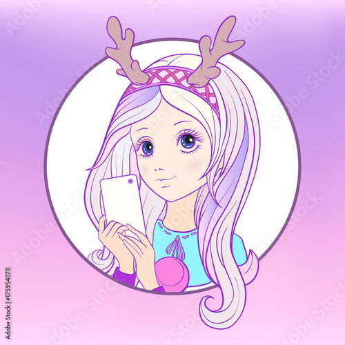 Young nice girl with long multi colored pink hear and deer's hor