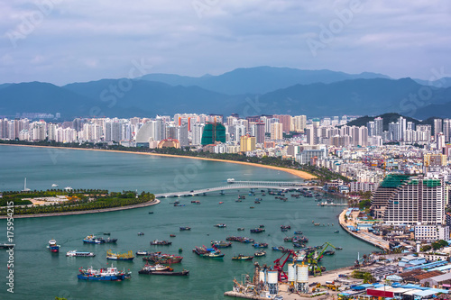 City seaport, with a large number of ships. Sanya, Hainan, China. Picture was taken from Luhuitou Peak Park. photo