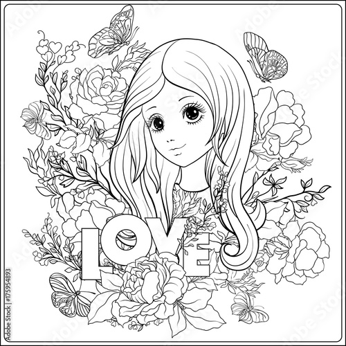 Young nice girl with long hear in the garden of roses. Outline d