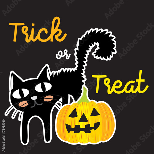 Cute Halloween in Trick or Treat lettering design concept with Jack O Lantern pumpkin and black cat on dark background for poster  banner  party invitation  greeting card. Vector Illustration.