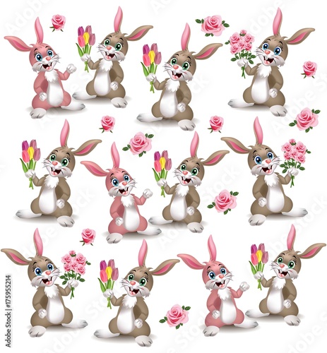 Cute rabbits pattern Vector. Happy bunny couple