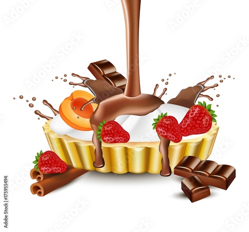 Fruits tart with chocolate splash Vector. Delicious realistic illustrations