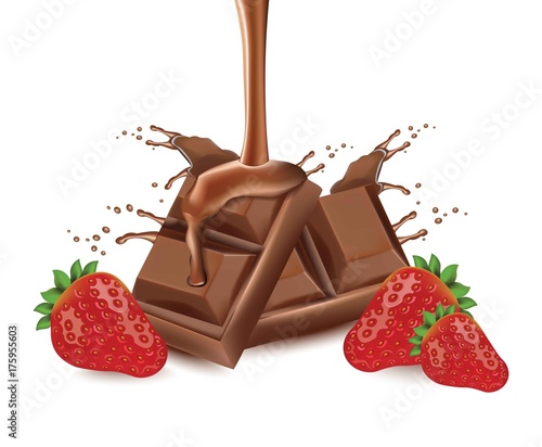 Chocolate splash and strawberry Vector realistic isolated on white