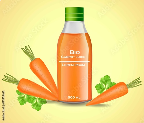 Carrot juice realistic Vector package. Product package label bottle 3d illust...