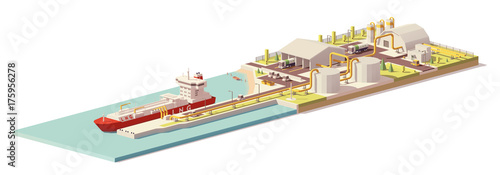 Vector low poly LNG terminal and LNG carrier ship