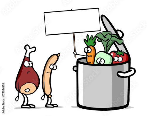 Cartoon Gemüse im Topf hält leeres Schild