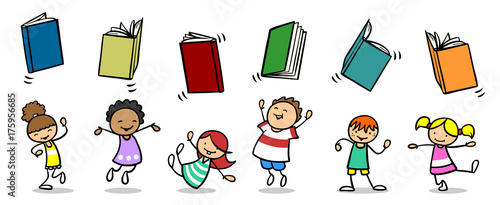 Glückliche Cartoon Kinder werfen Bücher nach oben