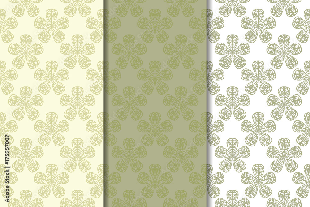 Set of olive green floral backgrounds. Seamless patterns Set of olive green floral backgrounds. Seamless patterns