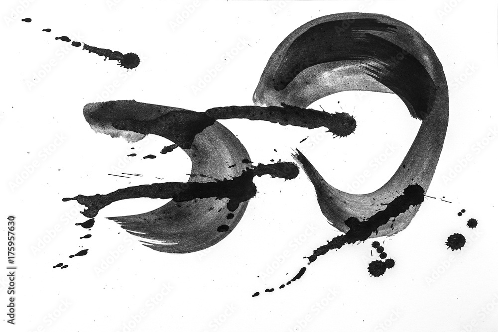 Fototapeta premium Abstract brush strokes and splashes of paint on white paper. Watercolor texture for creative wallpaper or design art work, black and white colors..