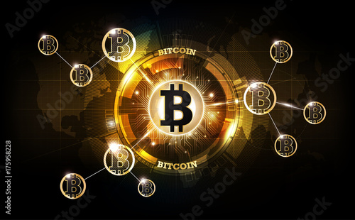 Golden bitcoin digital currency, futuristic digital money, technology worldwide network concept, vector illustration