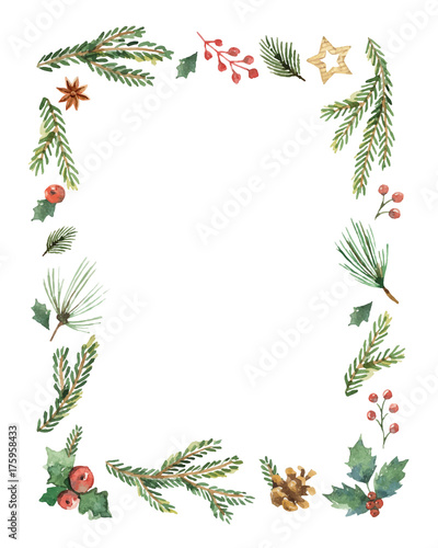 Watercolor vector Christmas frame with fir branches and place for text. © ElenaMedvedeva